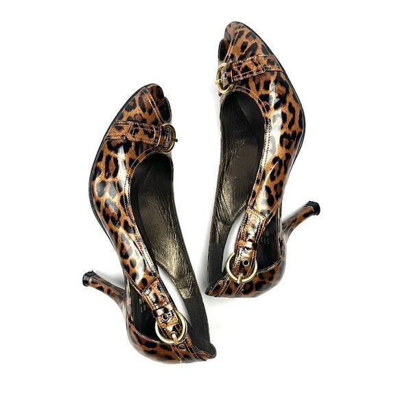Stuart Weitzman Patent Leather Leopard Animal Print Peep Toe Pumps 6 1/2 - Picture 5 of 15
